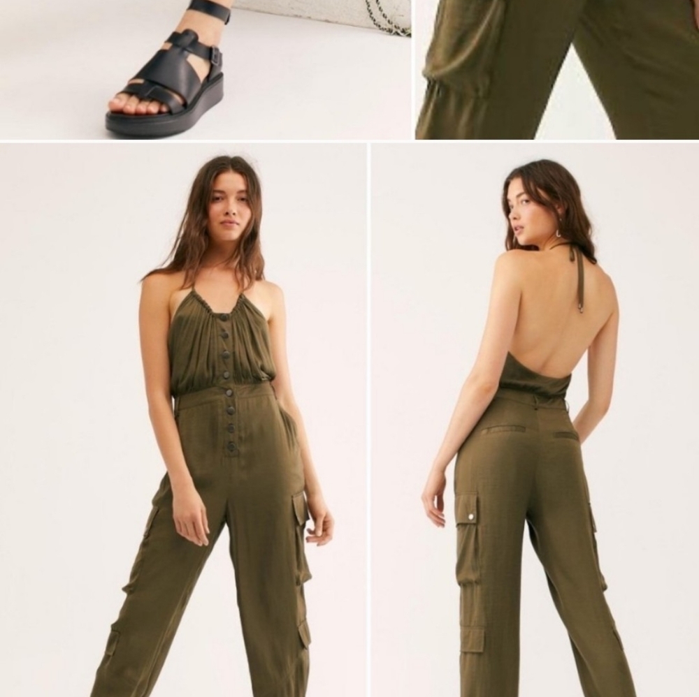 NWOT Free People Oliviera Olive Satin Jumpsuit